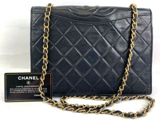 Rk1428 Auth Chanel Vintage Black Lambskin Cc Logo Full Flap Chain Shoulder Bag