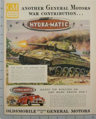 1945 US Army M - 24 tank WW2 battle art GM Oldsmobile Hydra - Matic vintage print ad 2