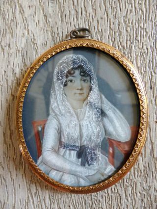 Fine Large Antique Early 19th Century Elegant Lady Miniature Portrait 1830 