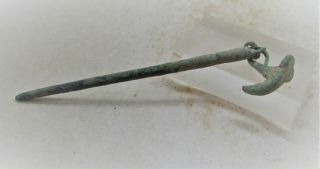 Ancient Roman Bronze Hair Or Garment Pin With Phallic Pendant Attachment