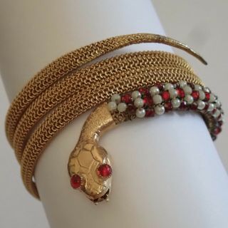 Vintage Gold Plate Mesh Pearl Red Rhinestone Snake Bracelet