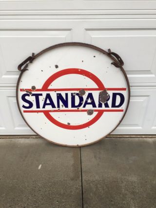 Vintage Standard Esso 36” Double Sided Porcelain Sign In Ring W/hangers