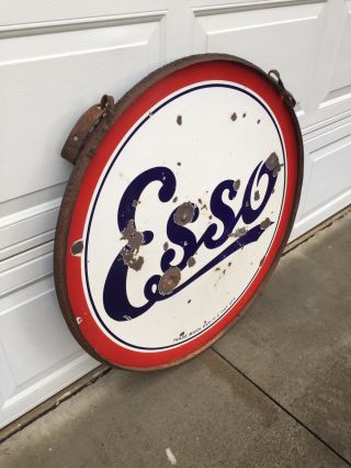 Vintage Standard Esso 36” Double Sided Porcelain Sign In Ring W/Hangers 5