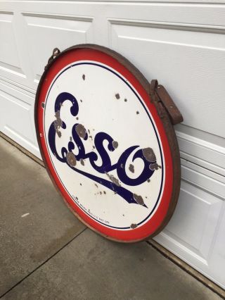 Vintage Standard Esso 36” Double Sided Porcelain Sign In Ring W/Hangers 6