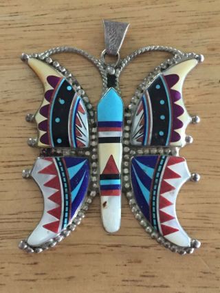Vintage Native Wb Sterling Silver Turquoise & Coral Inlay 3 " Butterfly Pendant