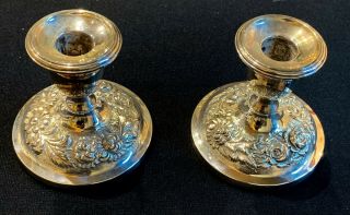 Rare Pair Stieff Sterling Silver Hand Chased Rose Candlesticks 18 Troy.
