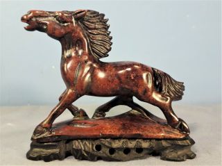 Vintage Chinese Fine Quality Soapstone Horse Carving,  On A Wooden Base