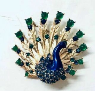 Vintage Rare Boucher Peacock Brooch Gold Toned Blue Green Rhinestone