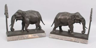 Pair Antique Early 20thC Bronze Elephant Figural Bookends,  Gray Marble Base NR 10