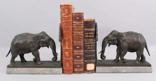 Pair Antique Early 20thc Bronze Elephant Figural Bookends,  Gray Marble Base Nr