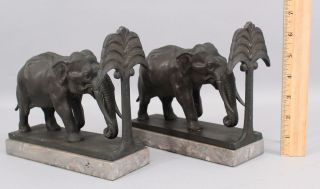 Pair Antique Early 20thC Bronze Elephant Figural Bookends,  Gray Marble Base NR 2