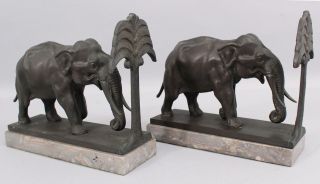 Pair Antique Early 20thC Bronze Elephant Figural Bookends,  Gray Marble Base NR 3