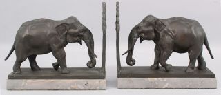 Pair Antique Early 20thC Bronze Elephant Figural Bookends,  Gray Marble Base NR 4