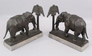 Pair Antique Early 20thC Bronze Elephant Figural Bookends,  Gray Marble Base NR 8