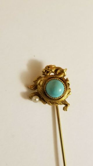 Vintage Persian Turquoise,  14k Gold And Pearl Dragon Pendant Pin