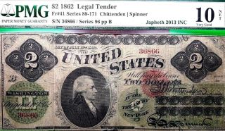 Money Usa $2 Dollars 1862 Legal Tender York Pmg Fr 41 Very Good Very Rare