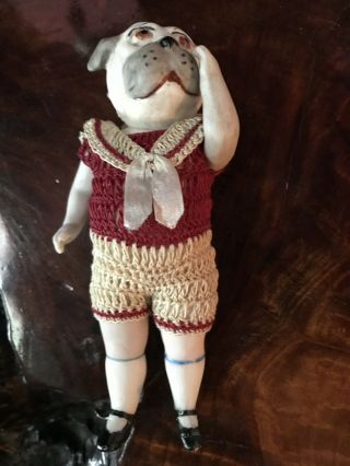 5 Inch Antique All Bisque Dog And Clothing