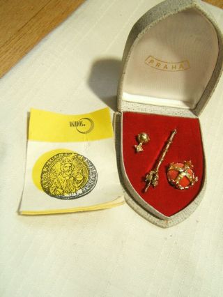 Czech Miniature Crown Jewels Crown Scepter Apple Gold Gilt Silver