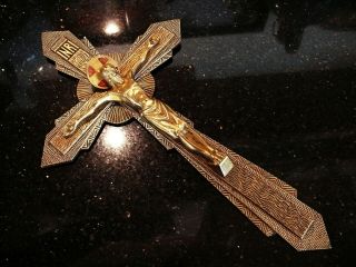 Antique ART DECO VINTAGE 1930 Bronze/Brass LARGE WALL CRUCIFIX Corpus Christ 5