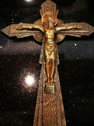 Antique ART DECO VINTAGE 1930 Bronze/Brass LARGE WALL CRUCIFIX Corpus Christ 6