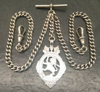 Antique All Silver Double Albert Pocket Watch Chain & Fob W.  W.  C 1910 - 11