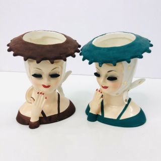 Vintage Lady Head Vase Polka Dot Scarf Hat Hand Box Japan SET OF 2 12