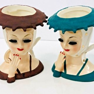 Vintage Lady Head Vase Polka Dot Scarf Hat Hand Box Japan Set Of 2