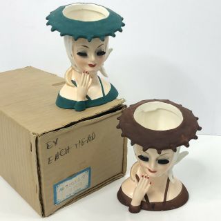 Vintage Lady Head Vase Polka Dot Scarf Hat Hand Box Japan SET OF 2 2