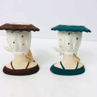 Vintage Lady Head Vase Polka Dot Scarf Hat Hand Box Japan SET OF 2 5