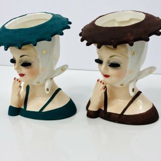 Vintage Lady Head Vase Polka Dot Scarf Hat Hand Box Japan SET OF 2 9