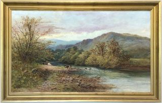 Cattle In A River Landscape Antique Oil Painting 19th Century British School