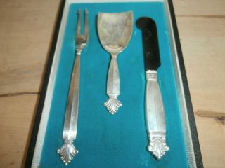 GEORG JENSEN Vintage 3 piece sterling silver,  horn caviar set,  orig.  box Denmark 2