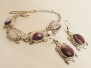Sterling Silver Turtle Purple Marble Natural Stone Vintage Bracelet And Earring
