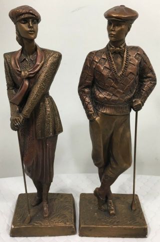 Vintage Set Of Large Austin Sculptures Golfer Lady And Man Golf Sports Figurines