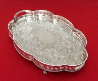 Large 17.  5” Antique Chased Silver On Copper Footed Serpentine Gallery Tray C1920