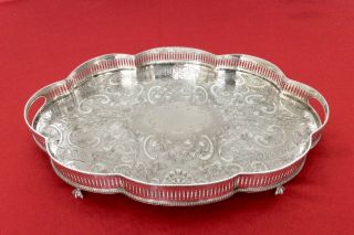 Large 17.  5” Antique Chased Silver On Copper Footed Serpentine Gallery Tray C1920 2