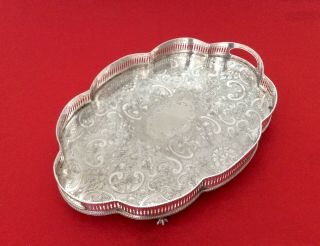Large 17.  5” Antique Chased Silver On Copper Footed Serpentine Gallery Tray C1920 3