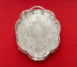 Large 17.  5” Antique Chased Silver On Copper Footed Serpentine Gallery Tray C1920 4