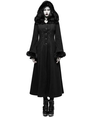 Punk Rave Womens Hooded Coat Long Jacket Black Goth Lolita Steampunk Winter Vtg