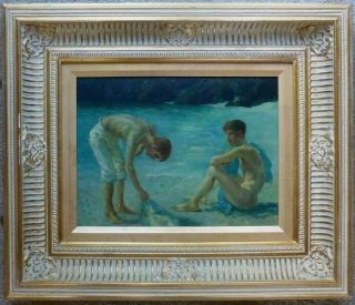 Nude Males On Beach Oil Painting In Large Gilt Frame Erotic Nudes Coast