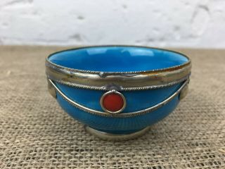 Vintage Eastern Moroccan Blue Torquoise Pottery Bowl With Silver Decoration