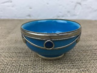 VINTAGE EASTERN MOROCCAN BLUE TORQUOISE POTTERY BOWL WITH SILVER DECORATION 2