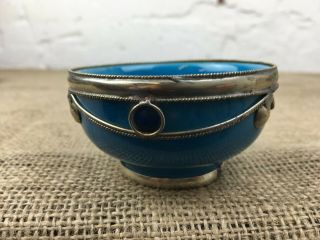 VINTAGE EASTERN MOROCCAN BLUE TORQUOISE POTTERY BOWL WITH SILVER DECORATION 4