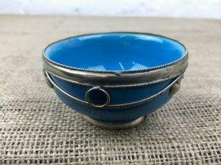 VINTAGE EASTERN MOROCCAN BLUE TORQUOISE POTTERY BOWL WITH SILVER DECORATION 5