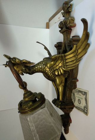 Antique Rare Gargoyle Dragon Mythological Brass Bronze Wall Light Fitting Lamp