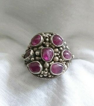 Arts And Crafts Hand Made Silver Repousse Work Cabouchon Ruby Ring