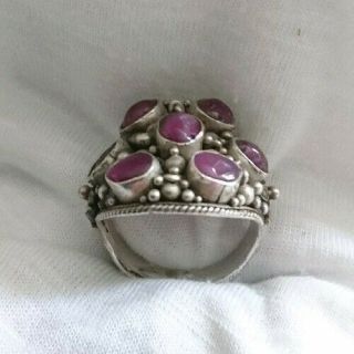Arts and Crafts Hand Made Silver repousse work Cabouchon Ruby Ring 2