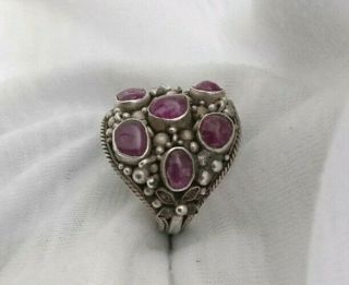 Arts and Crafts Hand Made Silver repousse work Cabouchon Ruby Ring 3