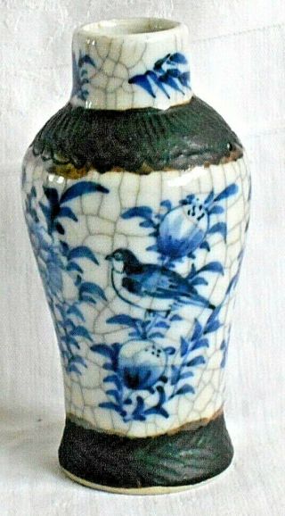 Late C19th Chinese Blue And White Crackle Glaze Vase With Birds And Flowers