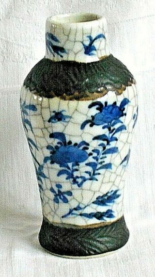 LATE C19TH CHINESE BLUE AND WHITE CRACKLE GLAZE VASE WITH BIRDS AND FLOWERS 2